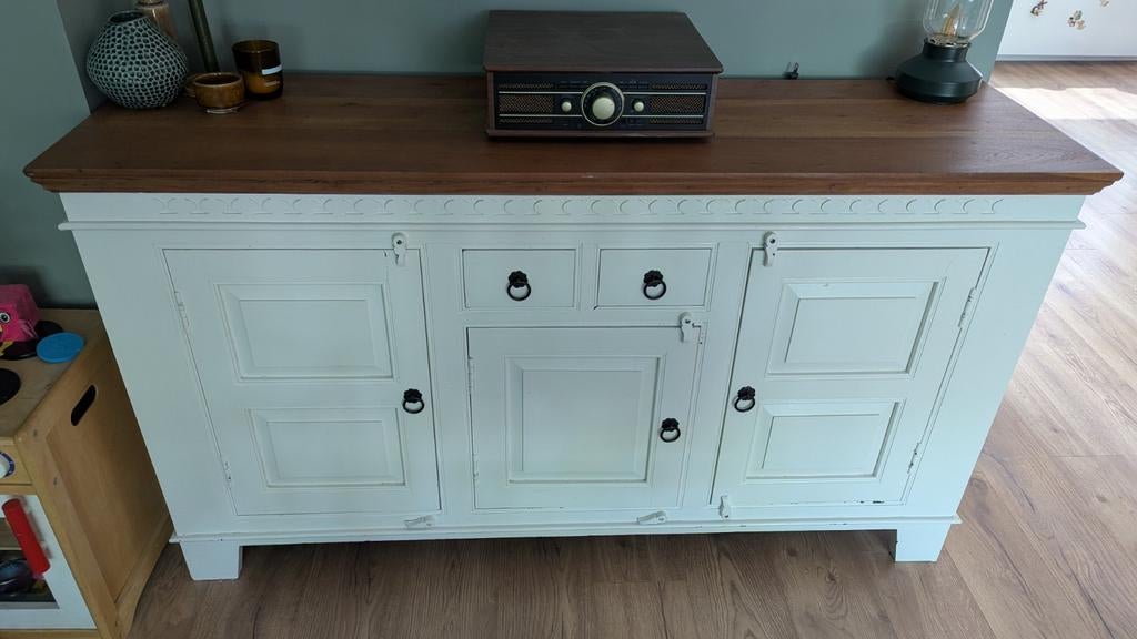 Wit dressoir met teak kleur bovenblad - 160x46x90 cm, Ophalen, Gebruikt, Met deur(en), Klassiek