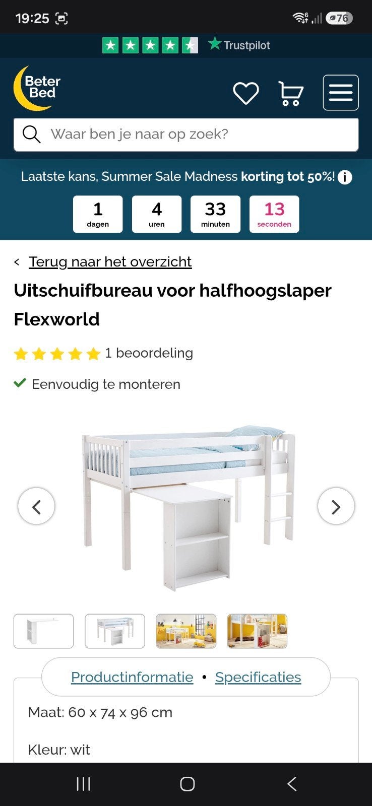 Uitschuifbureau Flexworld voor halfhoogslaper - Wit, Ophalen, 180 cm of meer, 85 tot 100 cm
