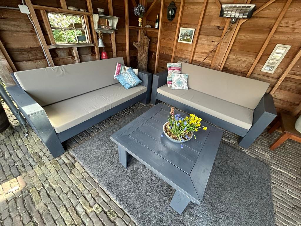 Loungeset tuinbanken met vuurtafel - In goede staat, Ophalen, Zo goed als nieuw, Hout