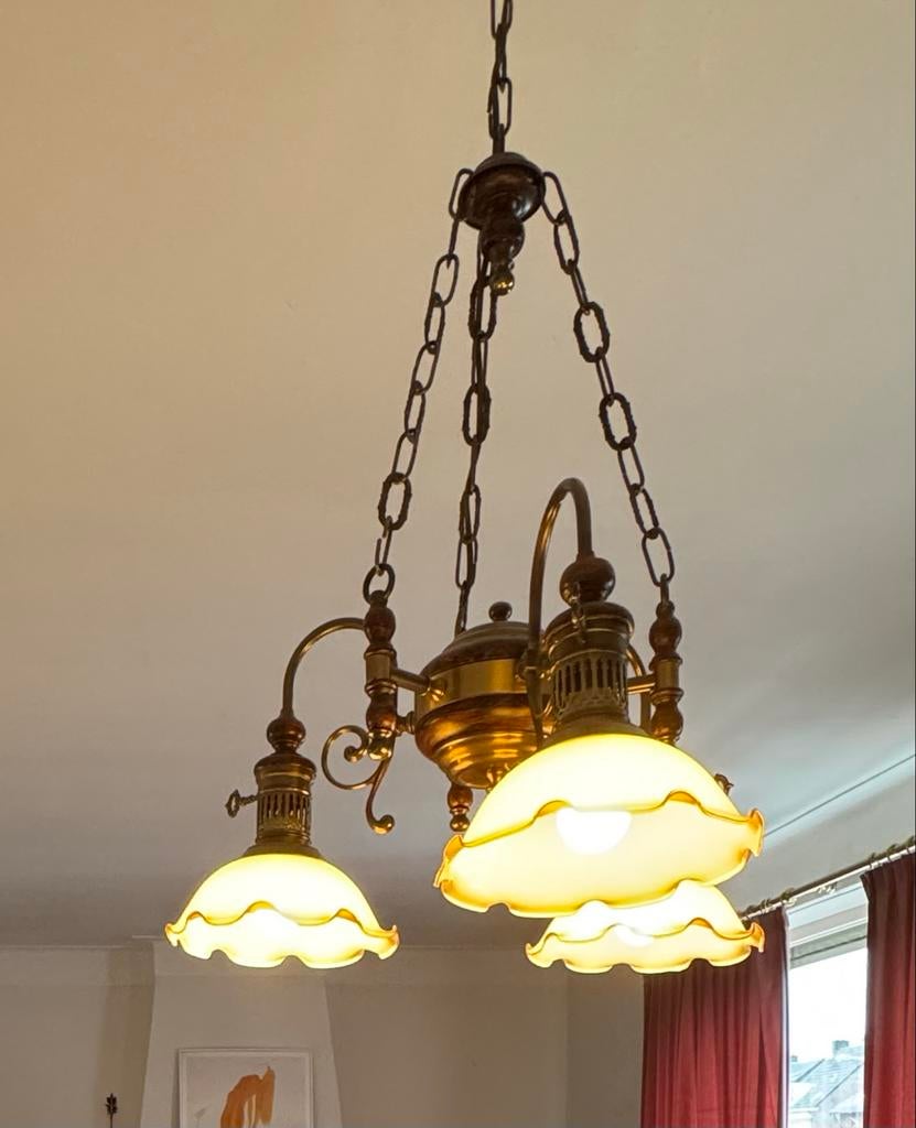 Vintage Hanglamp met 3 Glazen Kappen - Messing, Ophalen