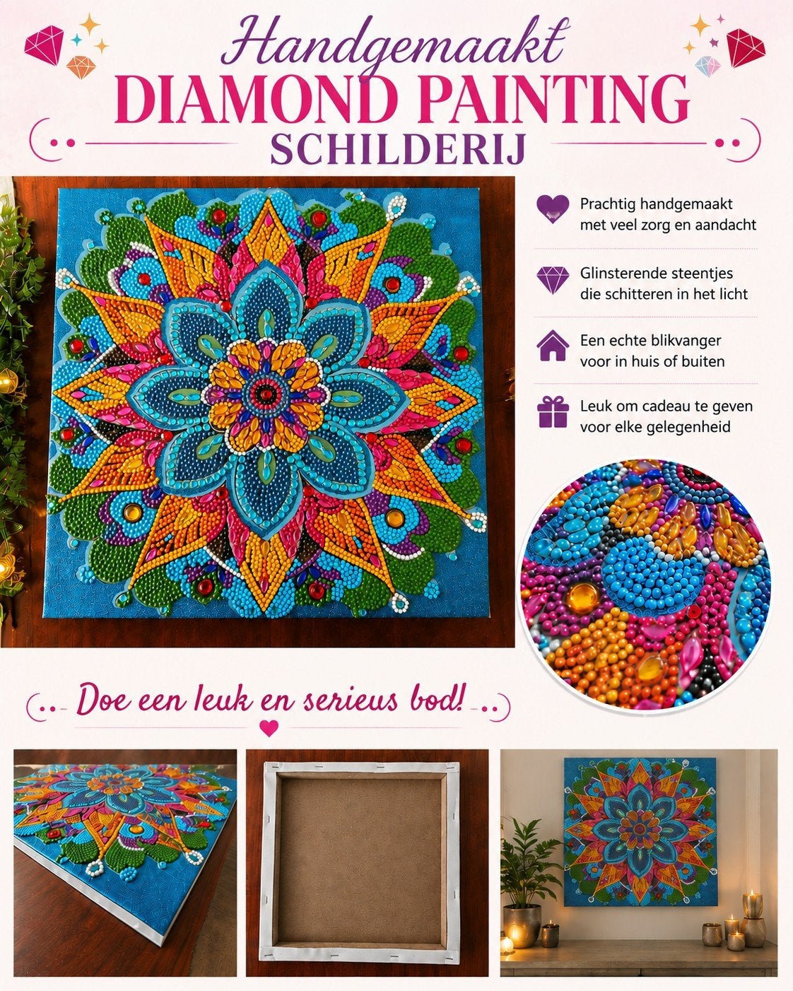 Diamond Painting - Mandala - 30x30 cm - Steun goed doel!, Ophalen of Verzenden, Nieuw, Minder dan 50 cm, Schilderij