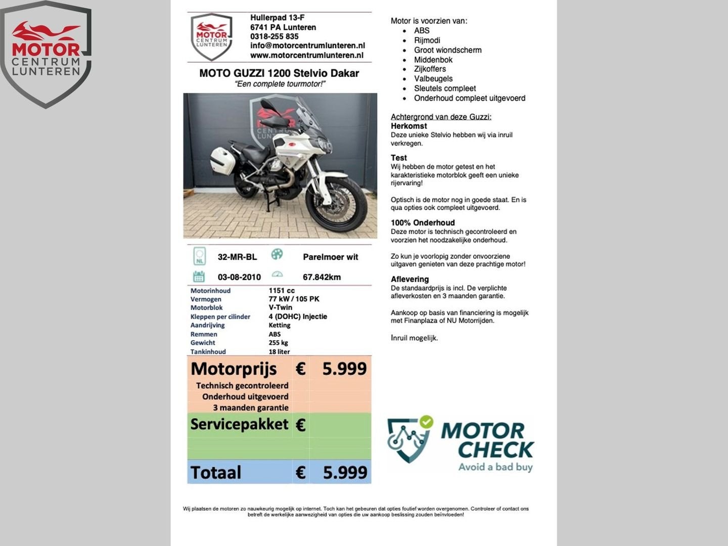 MOTO GUZZI 1200 STELVIO Dakar 2010, 2 cilinders, Motorrijbewijs A, Bedrijf, Meer dan 35 kW