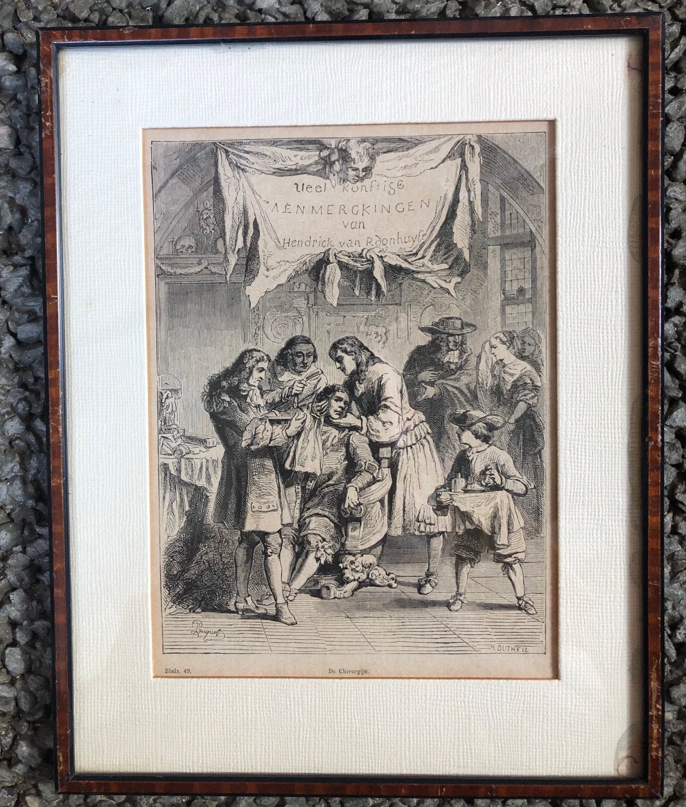 18e-eeuwse Prent "De Chirurgijn" naar Hendrick van Roonhuyse, Dagelijks leven, Ophalen of Verzenden, Gravure, Gesigneerd
