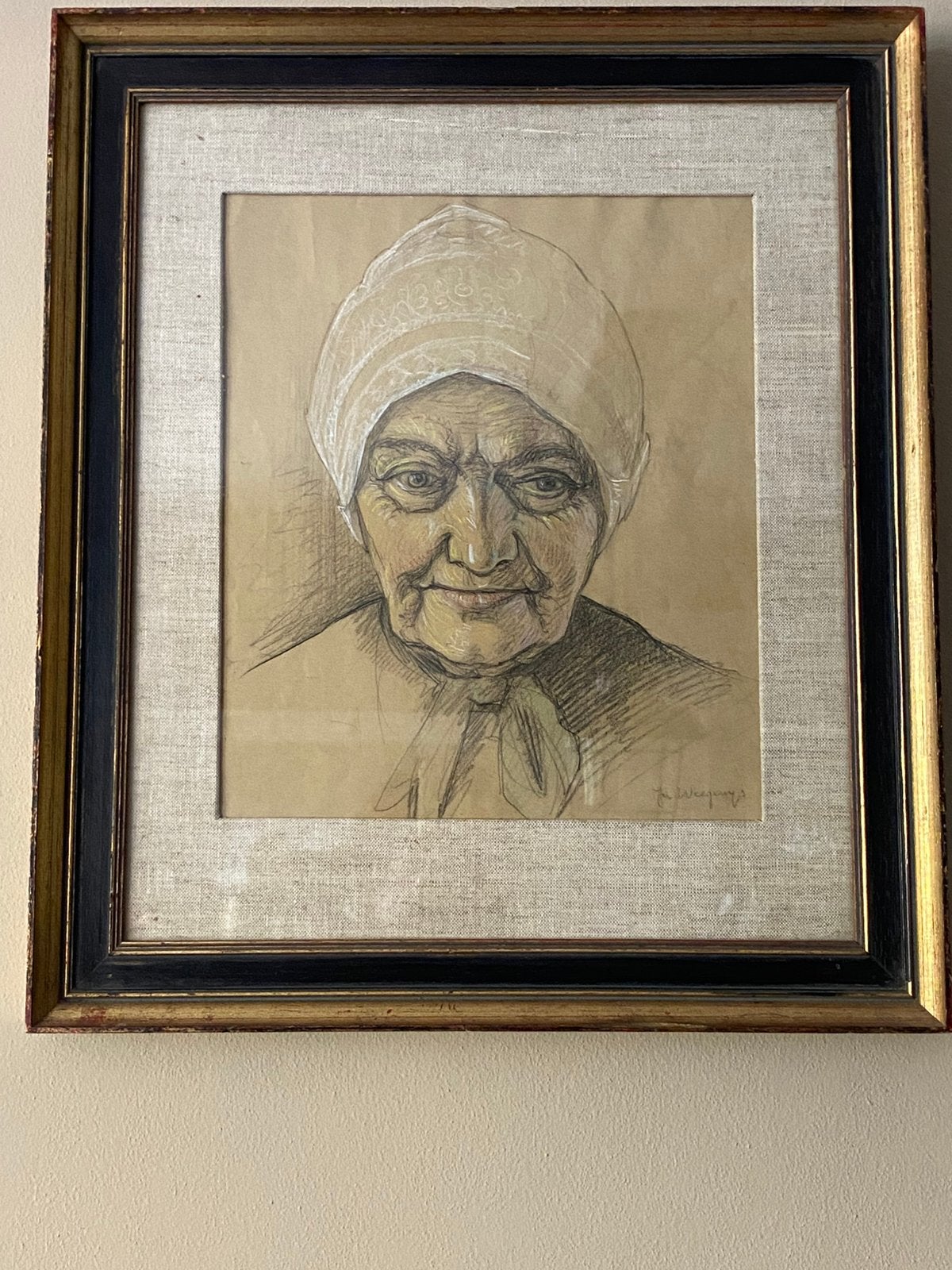 Vintage getekend portret oude vrouw in mooie lijst, Ophalen of Verzenden