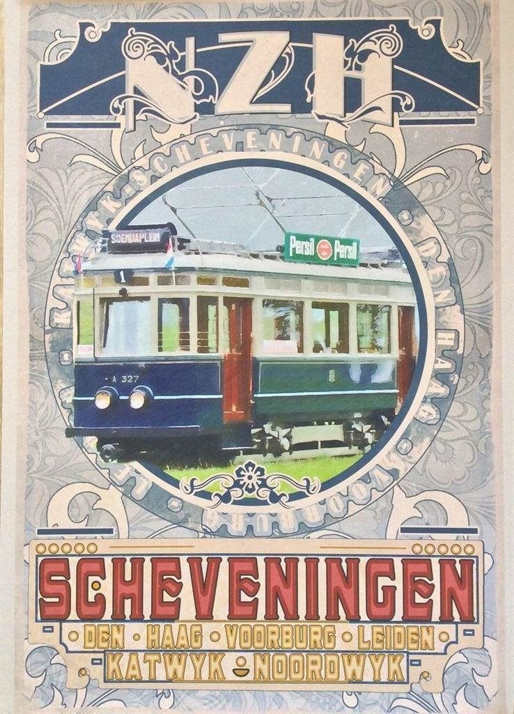 NZH De Blauwe Tram Affiche Poster Litho HTM Spoorwegen