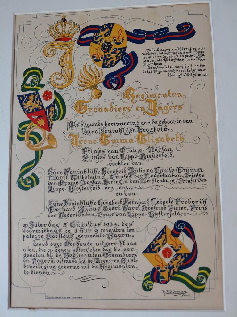 Oorkonde ter herinnering van geboorte prinses Irene Emma1939, Ophalen of Verzenden, Gebruikt, Nederland, Kaart, Foto of Prent