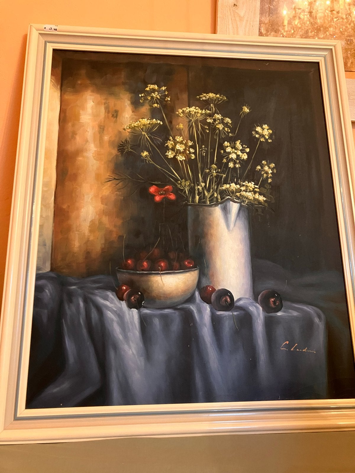 Stilleven met kersen en bloemen - Gesigneerd, Doek, Realistisch, Stilleven, Ophalen of Verzenden