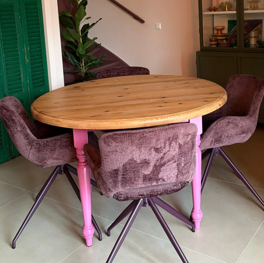 Ronde houten tafel 120 cm roze poten, Huis en Inrichting, Ophalen, Gebruikt, 100 tot 150 cm, Rond