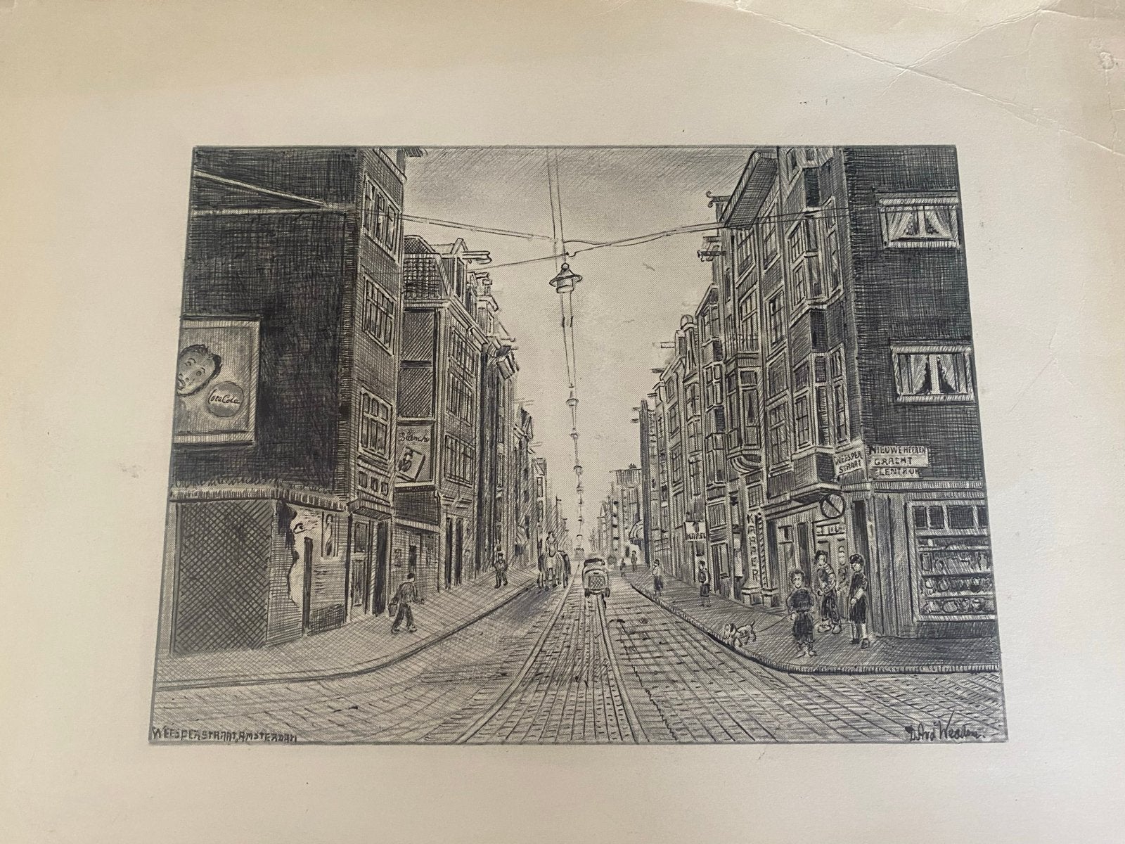Ets van Amsterdamse straat met tram, gesigneerd, Ets, Stadsgezicht, Ophalen of Verzenden, Gesigneerd