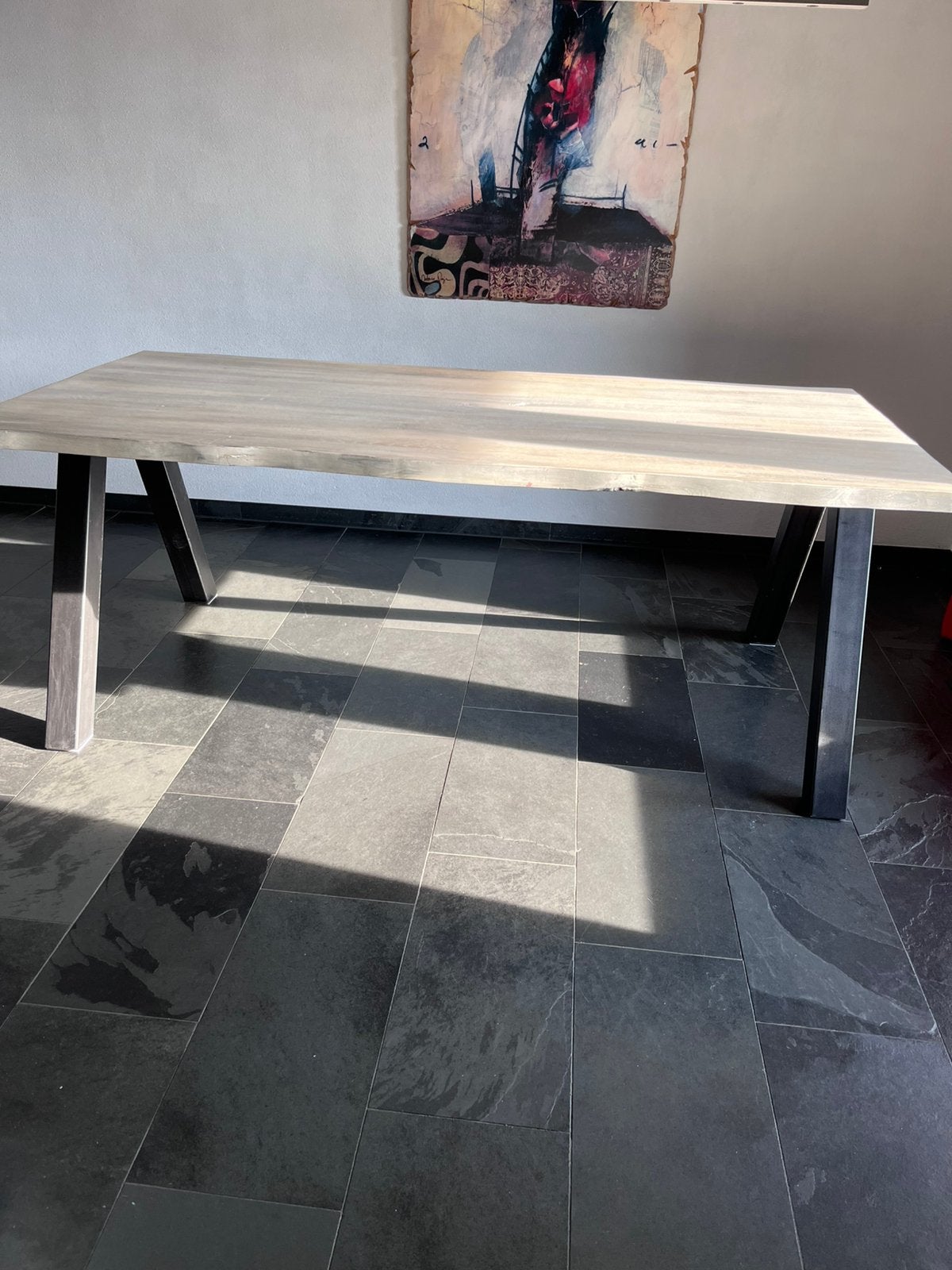 Tafelblad met metalen poten - DIY eettafel/bureau, Ophalen, Gebruikt, Eikenhout, 50 tot 100 cm