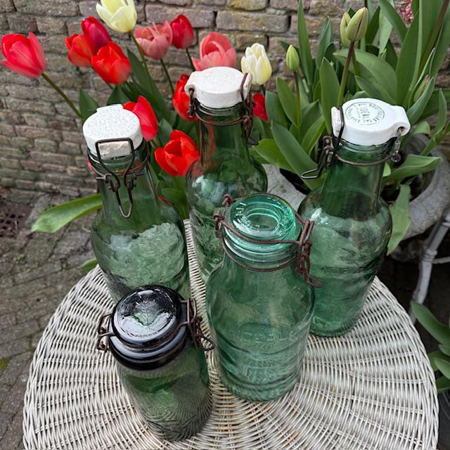 5X weckflessen, potten, groen glas, Frankrijk, begin 1900, Ophalen of Verzenden