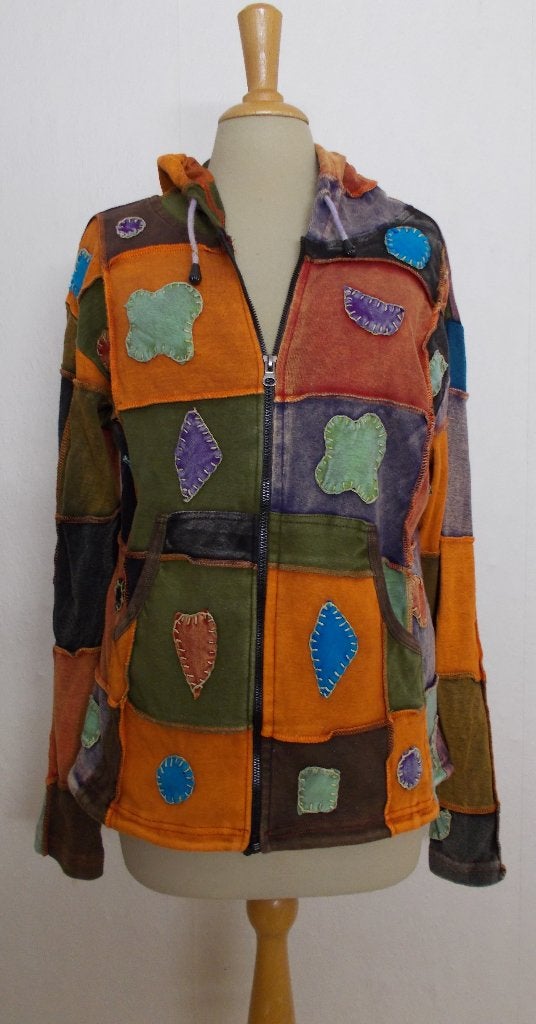 100% katoen hippie patchwork top/vest met capuchon! L, Maat 42/44 (L), Zo goed als nieuw, Lange mouw, Meerkleurig