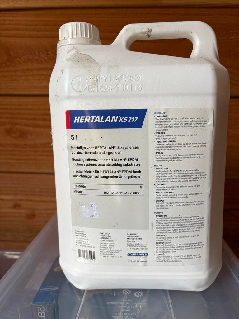 Hechtlijm voor EPDM dakbedekking - HERTALAN KS217 (ca. 4L), Doe-het-zelf en Verbouw, Minder dan 5 liter, Ophalen, Gebruikt