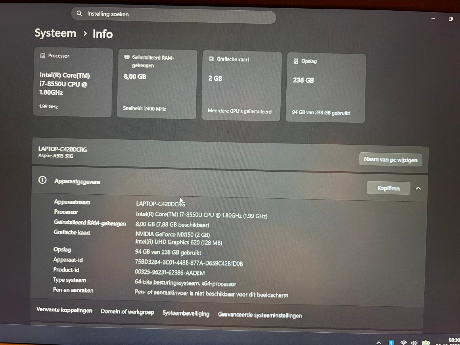 Acer Aspire 5 A515-51G-889Q Laptop - Uitstekende staat, Met videokaart, 8 GB, Minder dan 2 Ghz, Ophalen of Verzenden