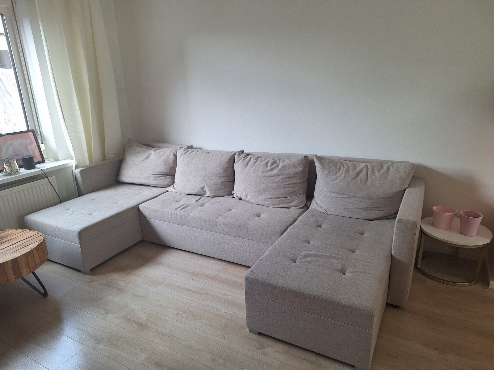Modulaire slaapbank met opbergruimte - beige/licht grijs, Ophalen, Gebruikt, Hoekbank, 300 cm of meer