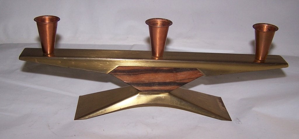 Vintage Koperen Kandelaar met Houten Accent. Izgs., Antiek en Kunst, Antiek | Kandelaars, Koper of Brons, Ophalen of Verzenden