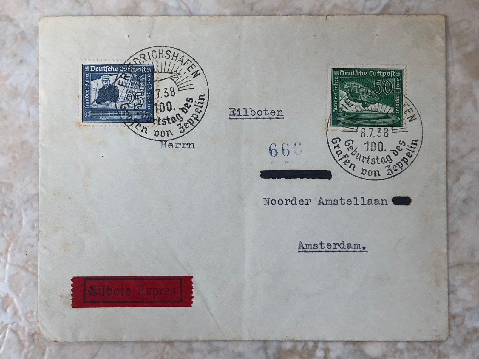 Envelop, zonder inhoud, gestempeld Friedrichshafen 8.7.38, Verzenden, Envelop