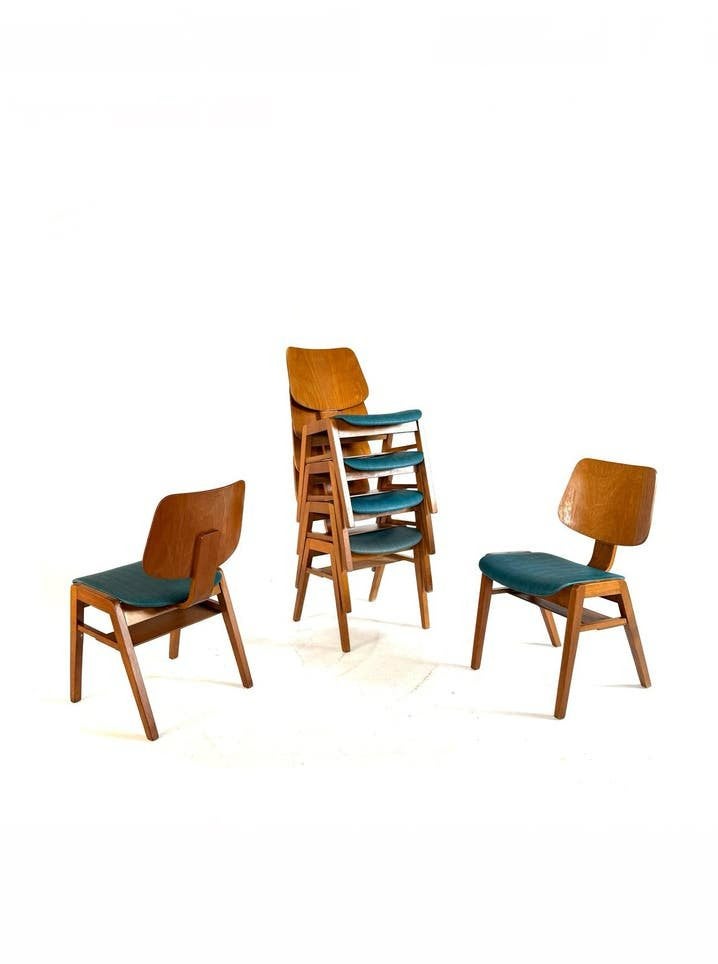 6x vintage plywood stapelstoel, stijl Egon Eiermann ‘60, Huis en Inrichting, Stoelen, Ophalen of Verzenden, Zo goed als nieuw