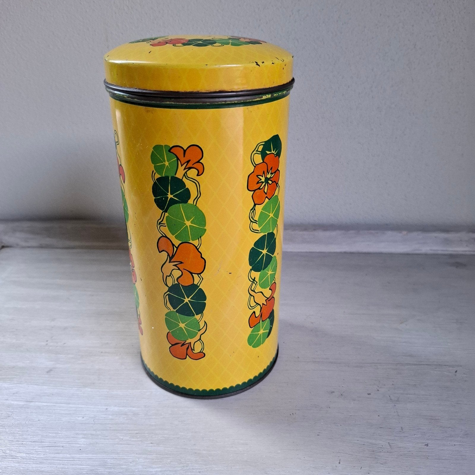 Vintage blikken bus met bloemmotief - Geel, Ophalen of Verzenden