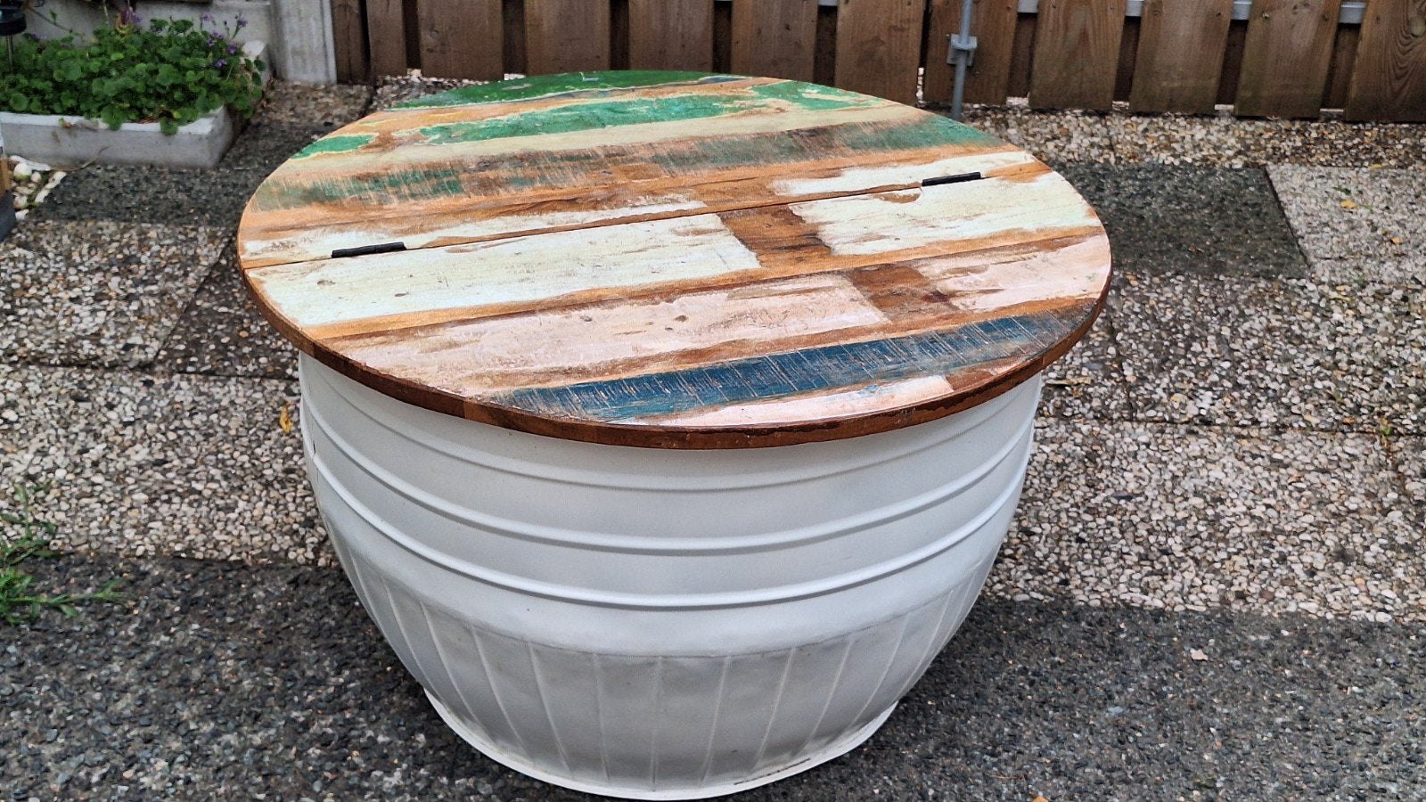 Unieke salontafel/bijzettafel met houten blad, Gebruikt, 50 tot 100 cm, Rond, Industrieel, Landelijk, Bohemian