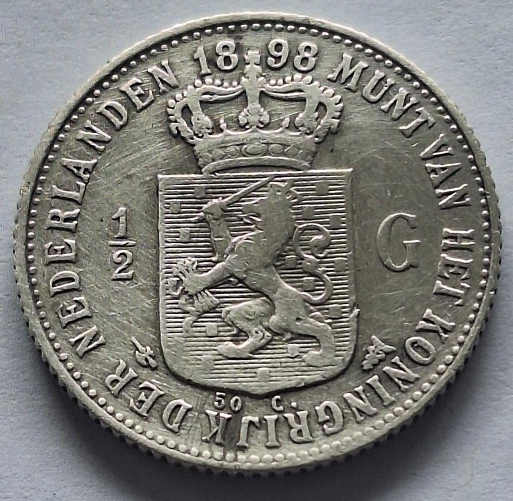 Wilhelmina halve gulden 1898 zilver, Ophalen of Verzenden