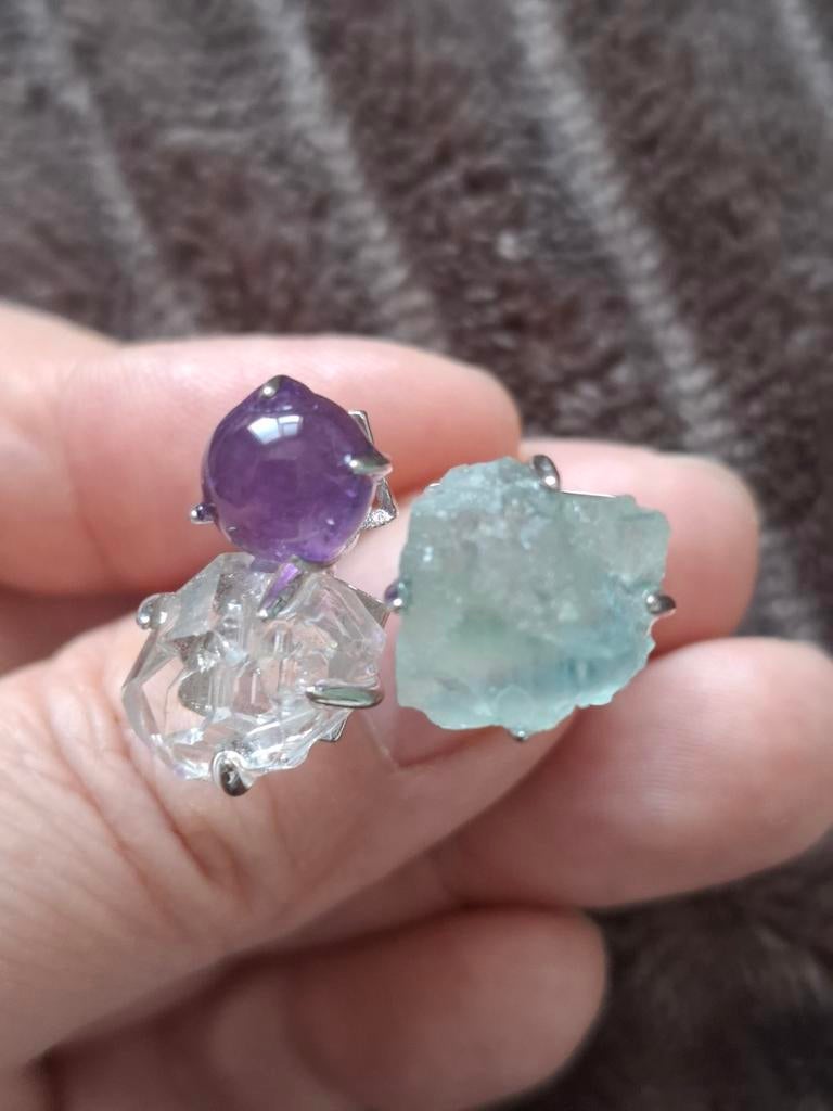 Unieke ring met amethist, kwarts en fluoriet van sterling, Ophalen of Verzenden, Nieuw