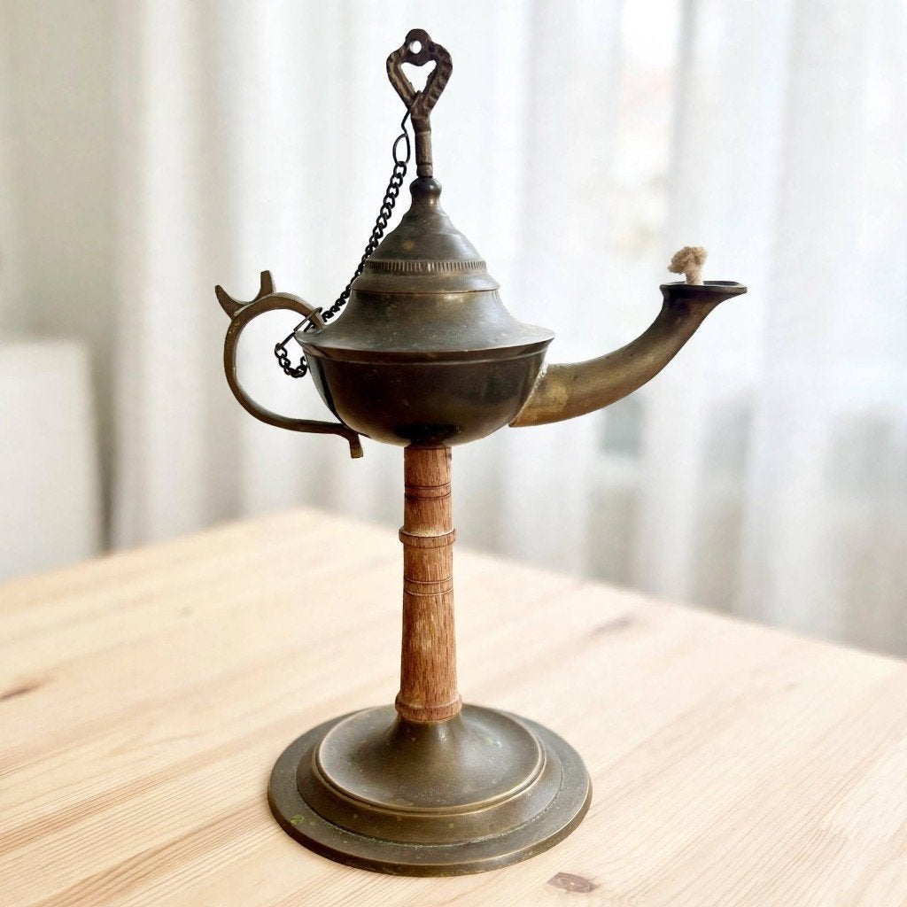 Vintage Olielamp op Voet - Massief Messing & Hout, Gebruikt, Overige merken, Overige typen, Ophalen of Verzenden