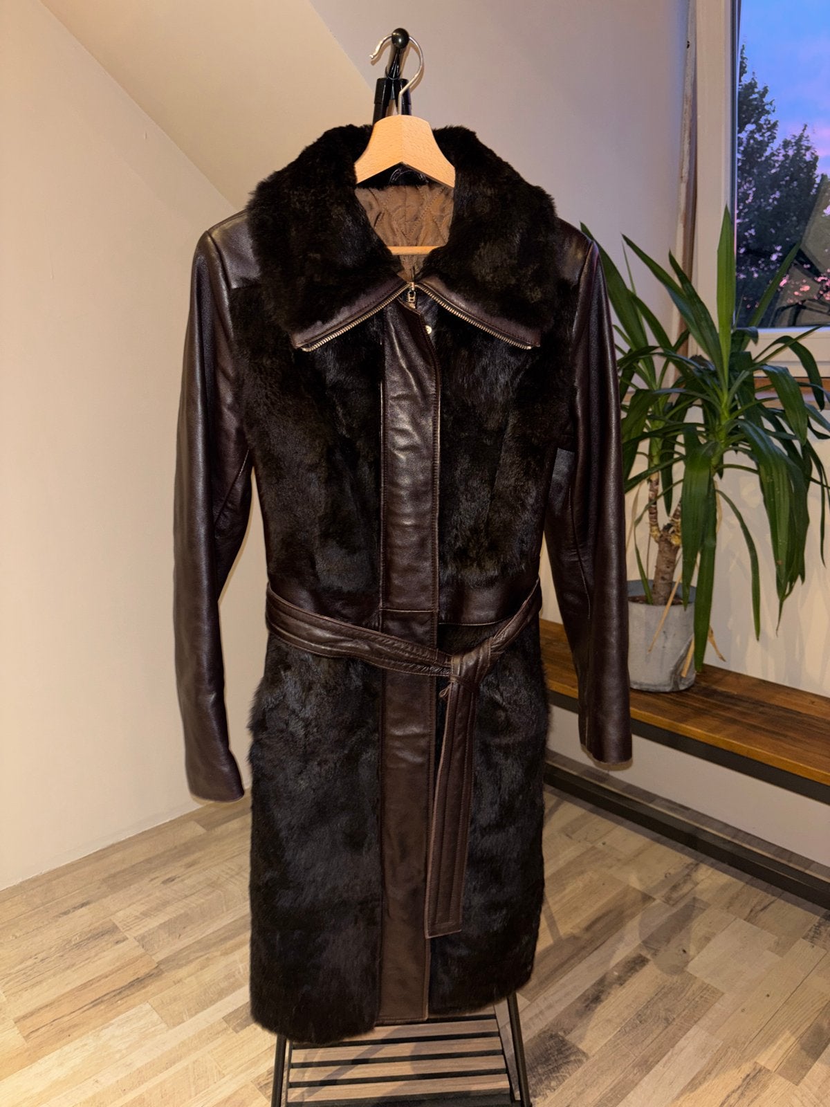 Vintage CLAN Leren Mantel met Imitatiebont - Jaren '90 Stijl, Ophalen of Verzenden, Gedragen, Maat 38/40 (M), Bruin