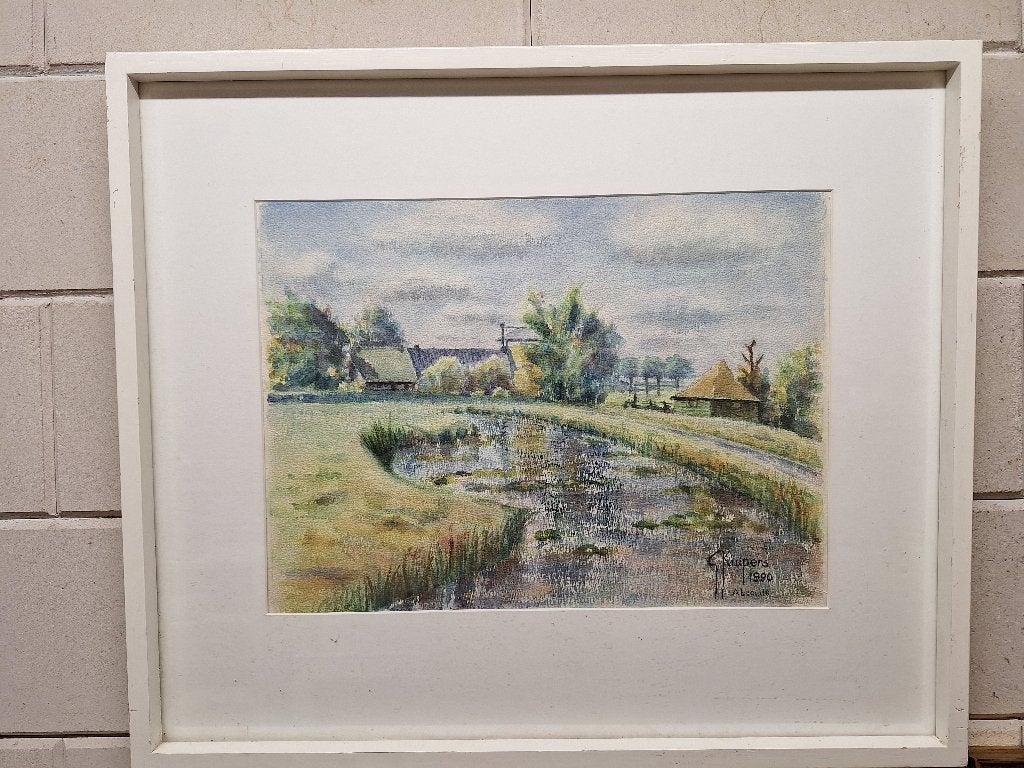 Landschap in Abcoude, Antiek en Kunst, Kunst | Schilderijen | Klassiek, Ophalen of Verzenden, Klassiek, Achter glas, Landschap