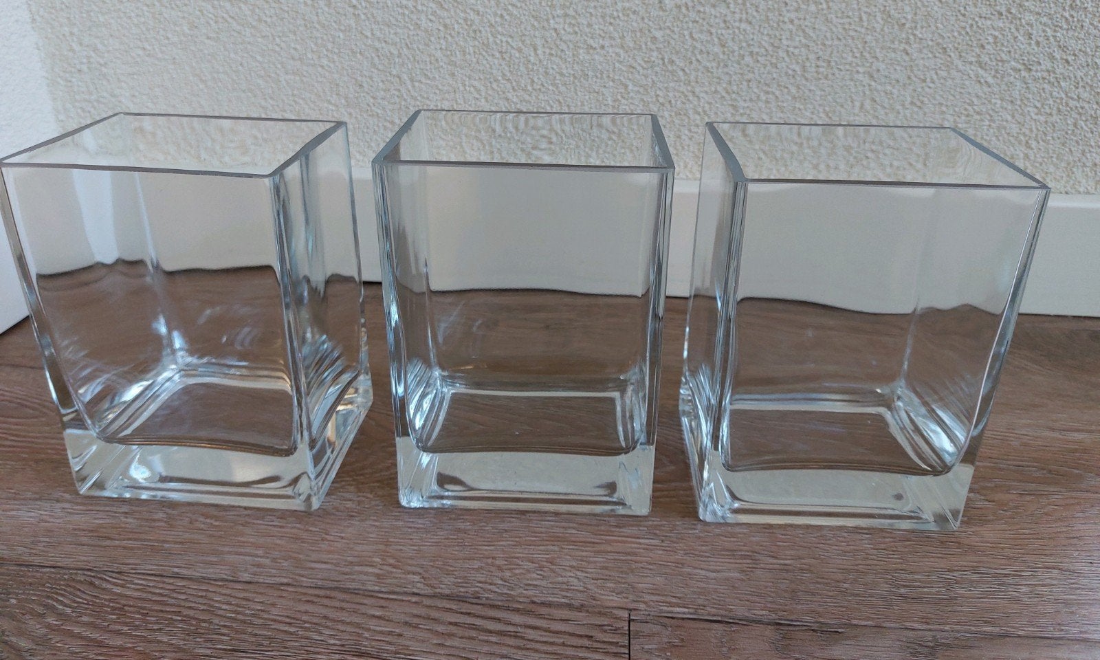 Set van 3 vierkante glazen vazen/windlichten, Transparant, 14 cm, Ophalen of Verzenden, Glas