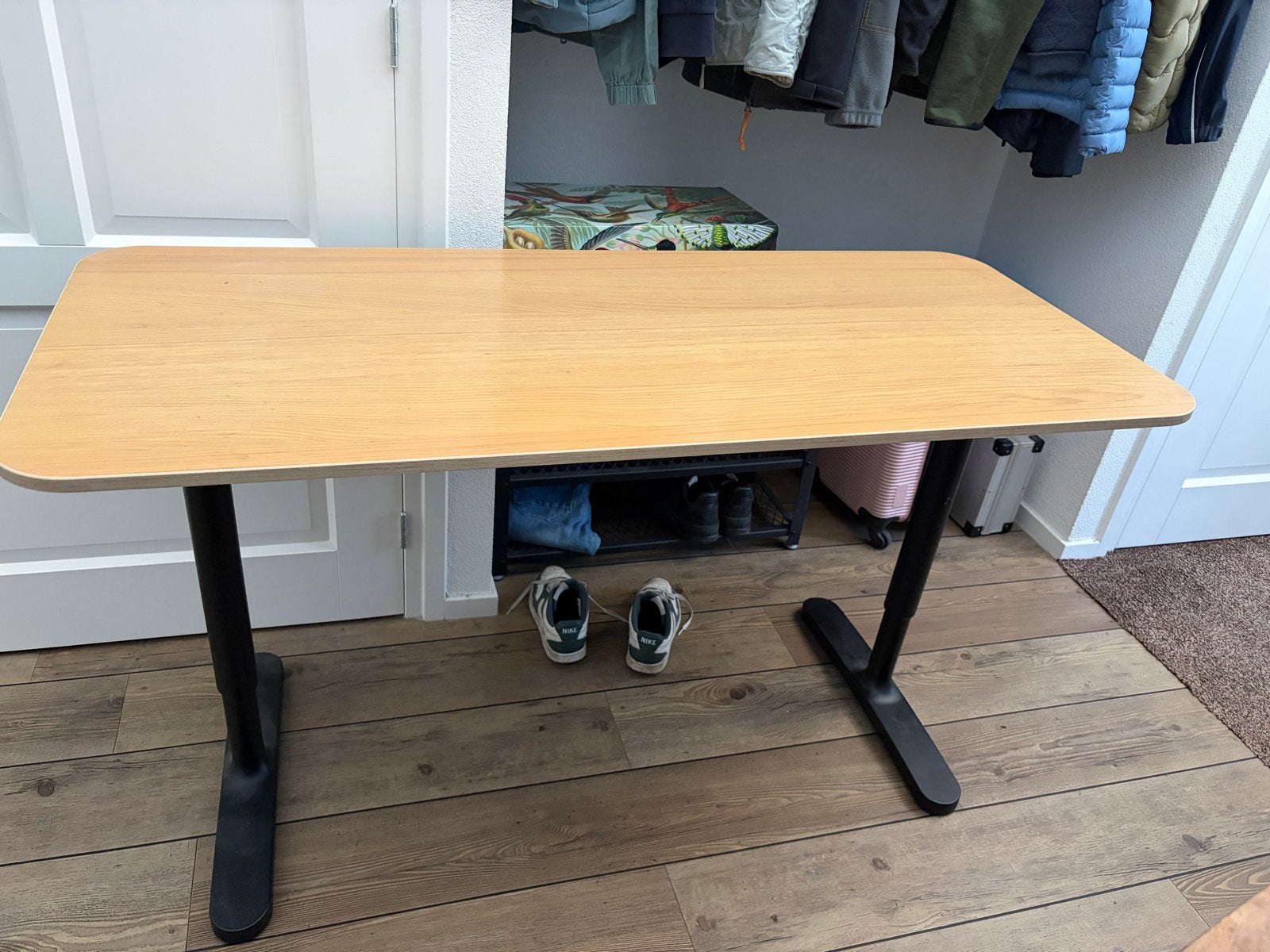 IKEA Bureau in hoogte verstelbaar 60x140 Eiken fineer, Zit-sta bureau, Hout, Ophalen of Verzenden, Zo goed als nieuw