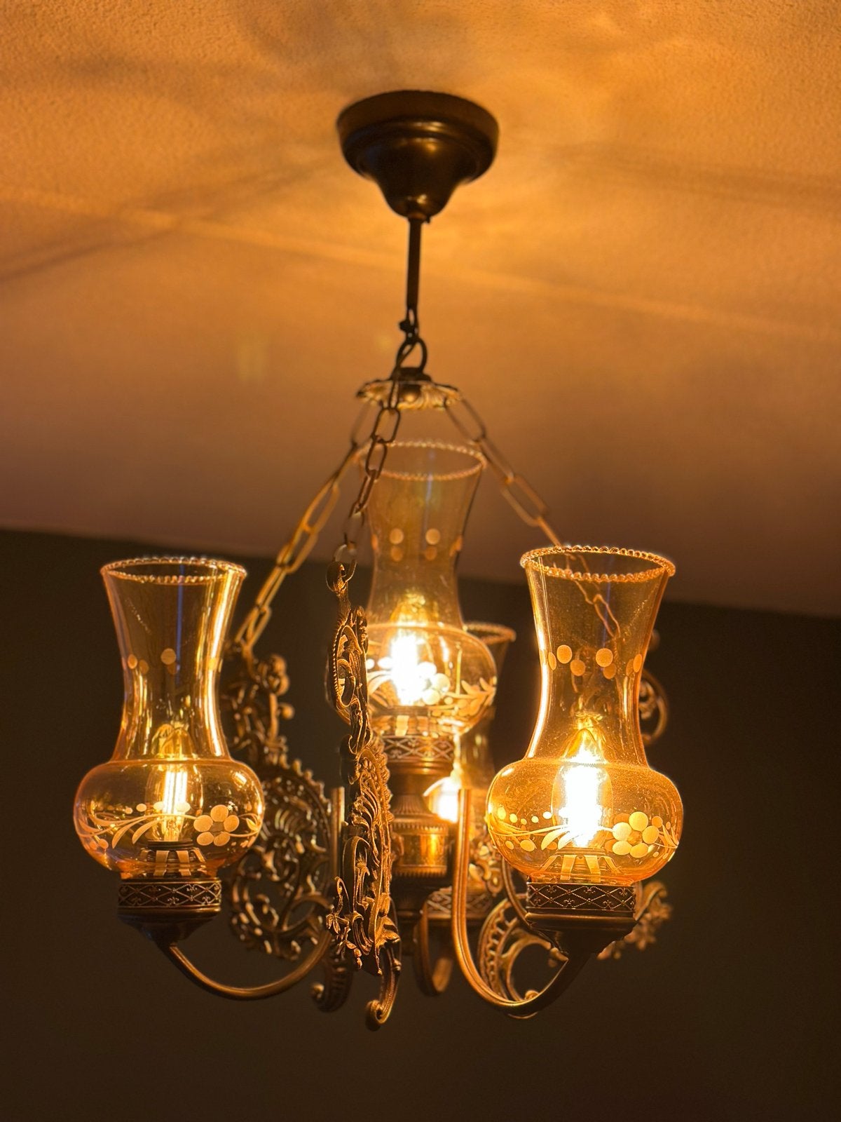 Antieke in hoogte verstelbare hanglamp met 5 glazen kappen, Antiek en Kunst, Ophalen
