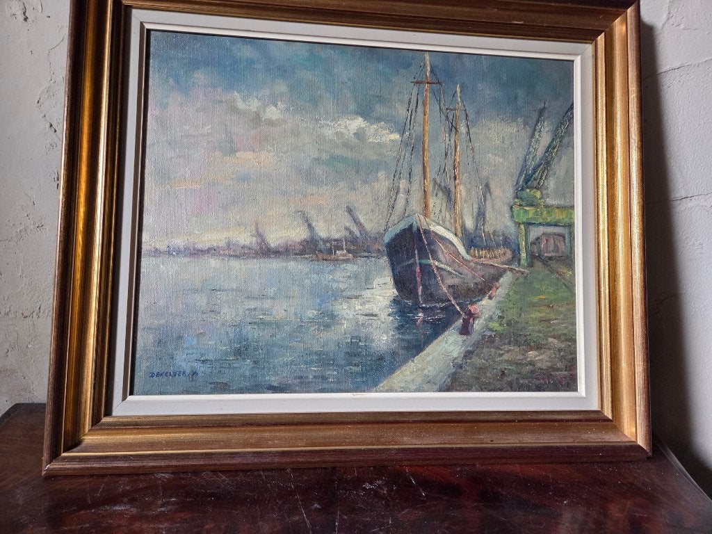 havenzicht  geschilderd op doek gesigneerd, Antiek en Kunst, Kunst | Schilderijen | Abstract, Ophalen