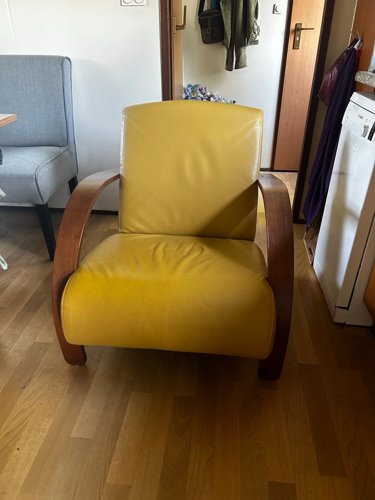 Vintage okergele leren fauteuil - IKEA jaren '90, Huis en Inrichting, Fauteuils, Ophalen of Verzenden, Gebruikt, Leer, 75 tot 100 cm