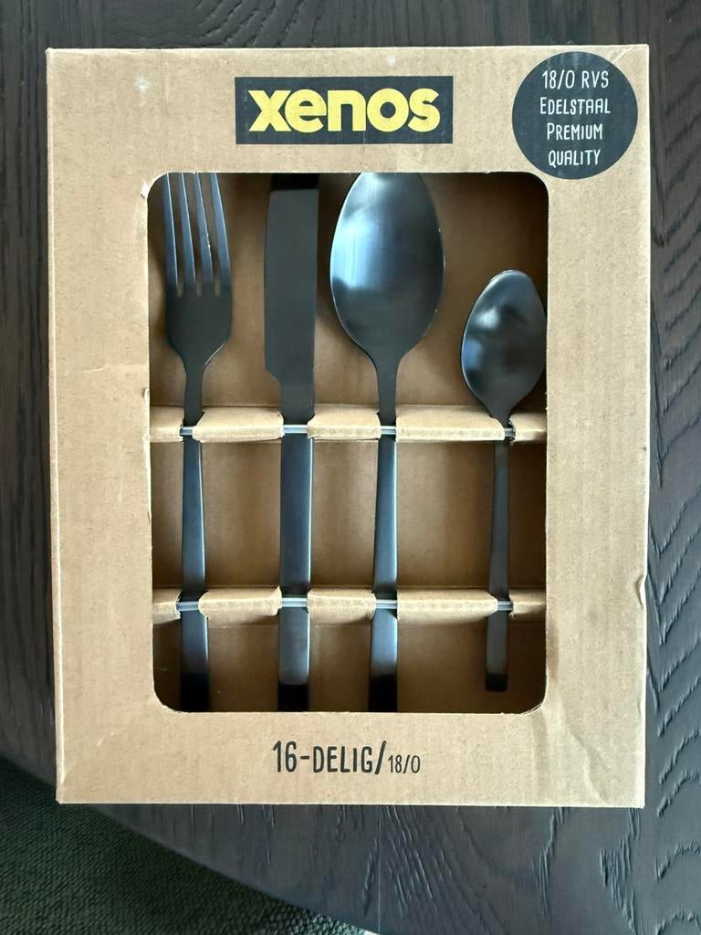 Bestekset Xenos zwart 16-delig + 6 vorken + 6 lepels, Nieuw, Ophalen of Verzenden, Rvs of Chroom, Vaatwasserbestendig