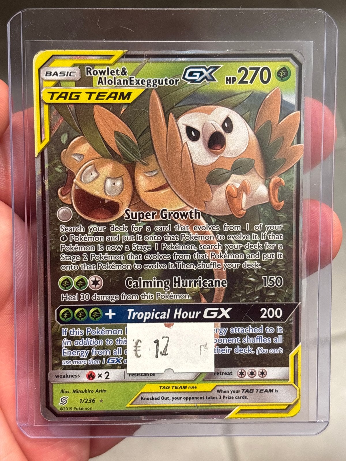 Pokémon Kaart Rowlet & Alolan Exeggutor GX TAG TEAM 1, Ophalen of Verzenden, Gebruikt, Losse kaart