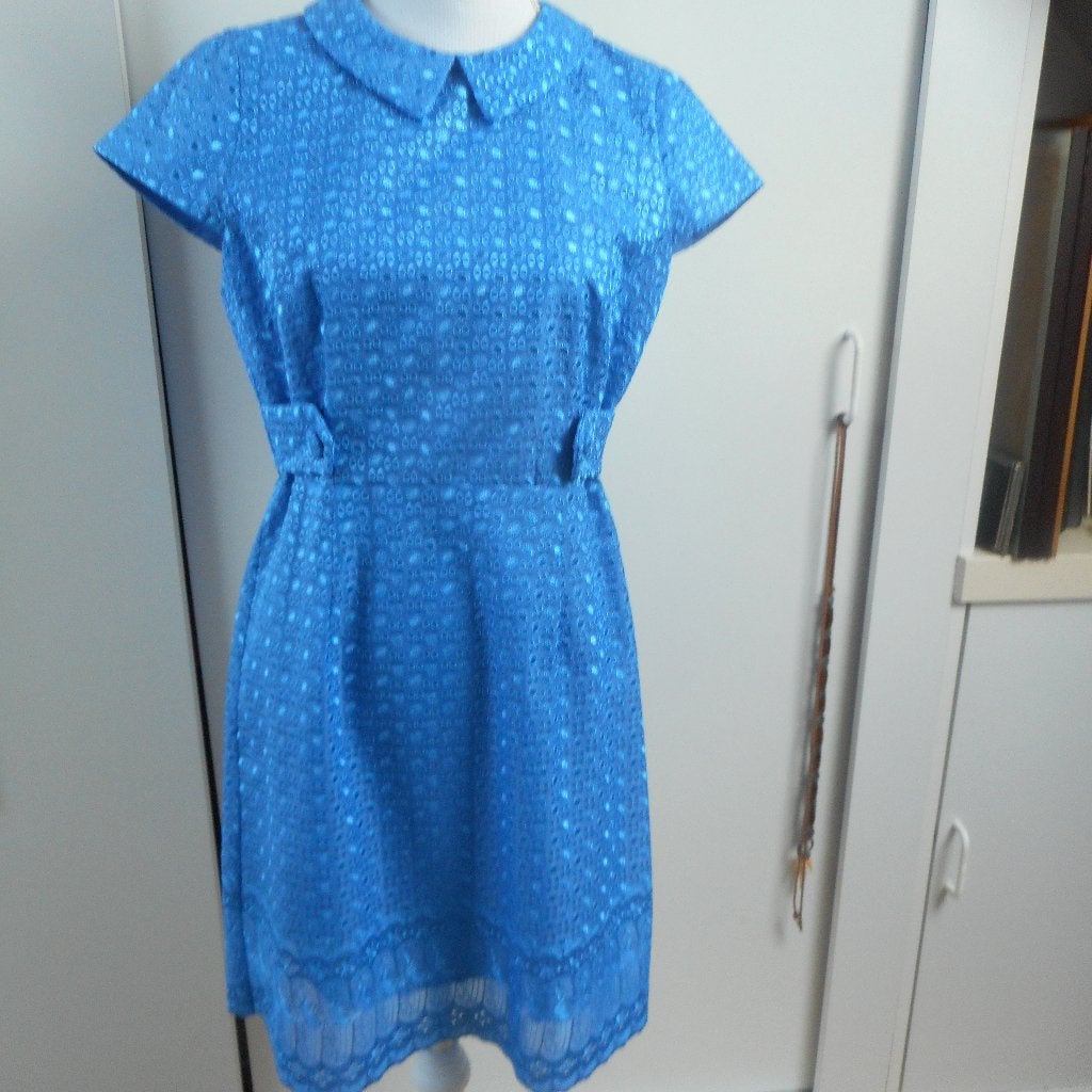 Blauwe kanten jurk met Peter Pan kraag, van Savida,, Maat 38/40 (M), Blauw, Savida, Nieuw