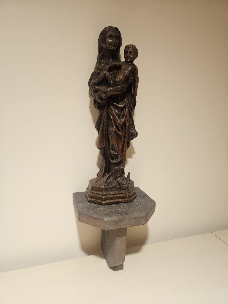 Houten Beeld met standaard – religieus beeld, Antiek en Kunst, Ophalen, 50 - 100 cm, Beeld, Hout