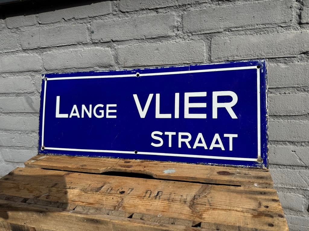 Emaille straatnaambord 'Lange Vlier Straat', Antiek en Kunst, Antiek | Emaille, Ophalen