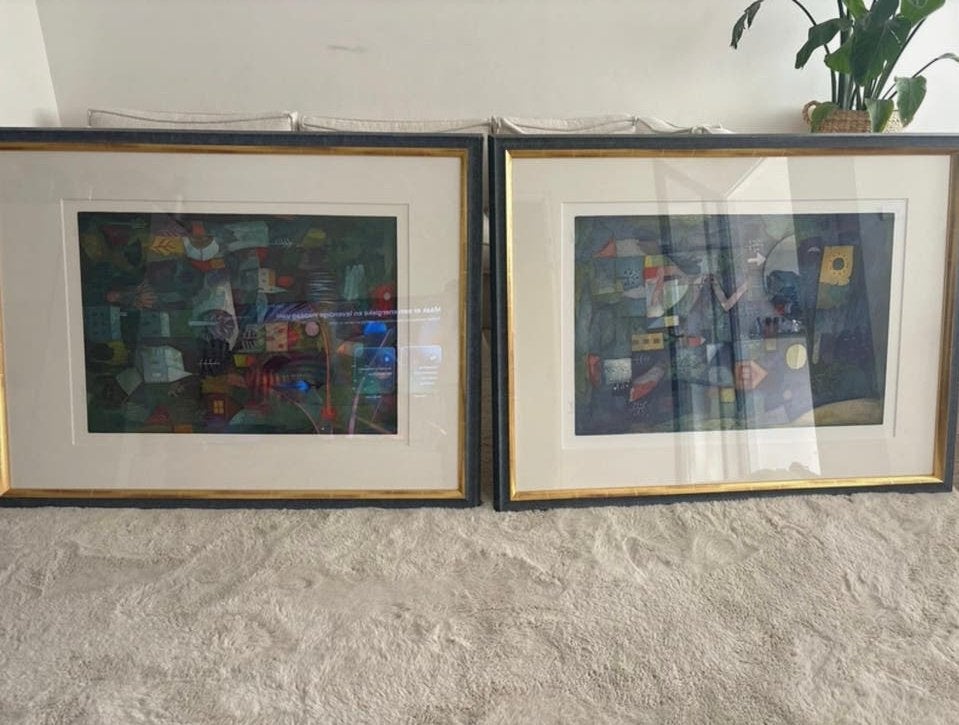 Twee ingelijste kunstwerken van Yoshi Takahashi, Achter glas, Abstract, Ophalen of Verzenden, Gemengde techniek