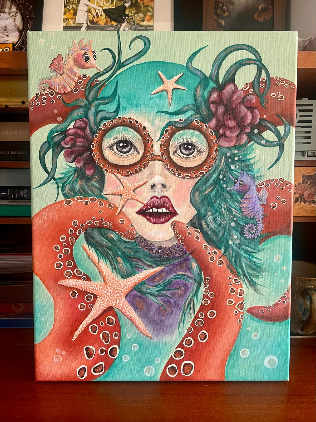 Onderwater Portret: Zeemeermin met Octopus Tentakels, Antiek en Kunst, Acrylverf, Verzenden, Handgeschilderd, Portret