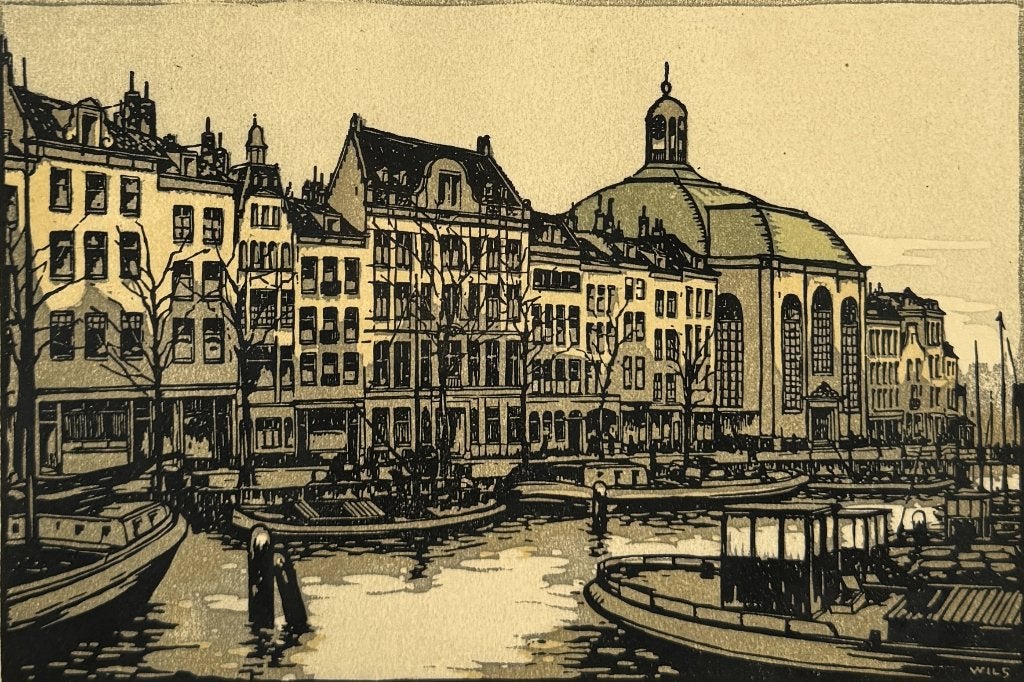 1352. Houtsnede, stadsgezicht Rotterdam, ca. 1930, Antiek en Kunst, Kunst | Etsen en Gravures, Ophalen, 1900 - 1949