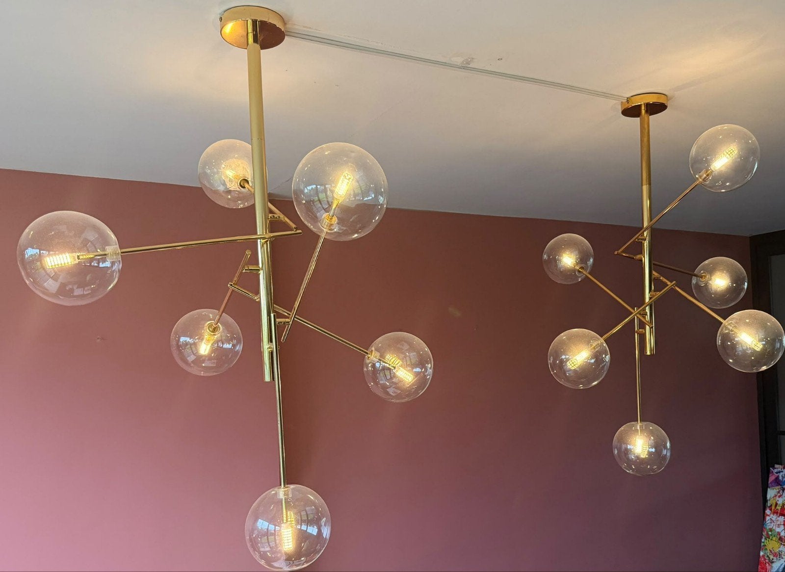 Moderne gouden hanglamp met glazen bollen, Modern, Hedendaags, E14 (klein), Ophalen of Verzenden, Zo goed als nieuw