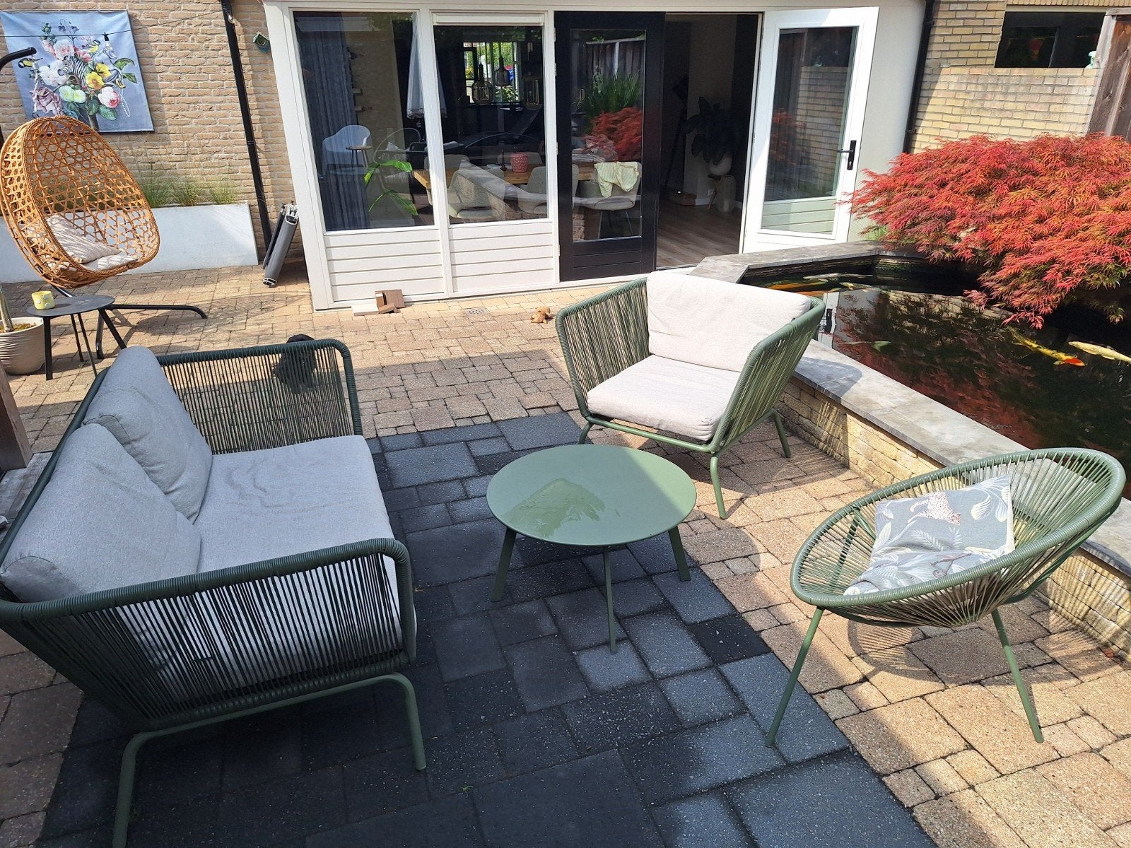 Stijlvolle groene tuinset met kussens, Gebruikt, Ophalen of Verzenden, Bank, Tuinset