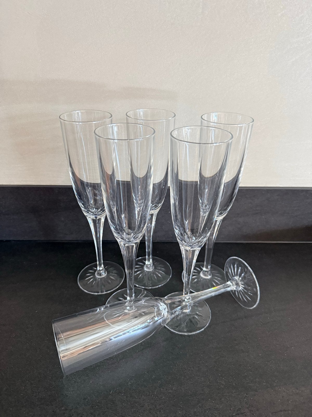 Set van 6 elegante champagneglazen kristal met geslepen voet, Antiek en Kunst, Ophalen of Verzenden