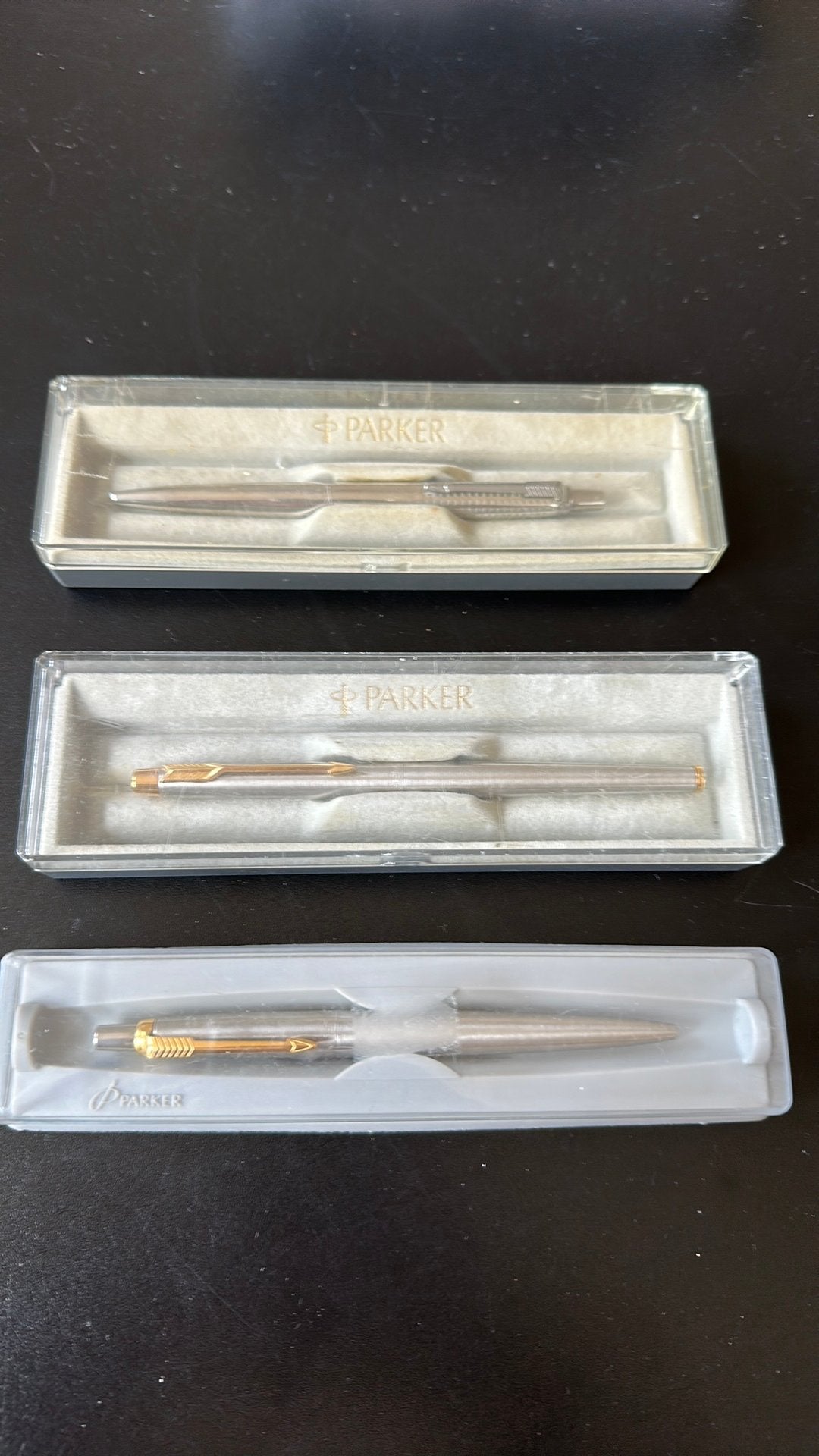 Parker pennen 3x, Overige typen, Met doosje, Zo goed als nieuw, Parker