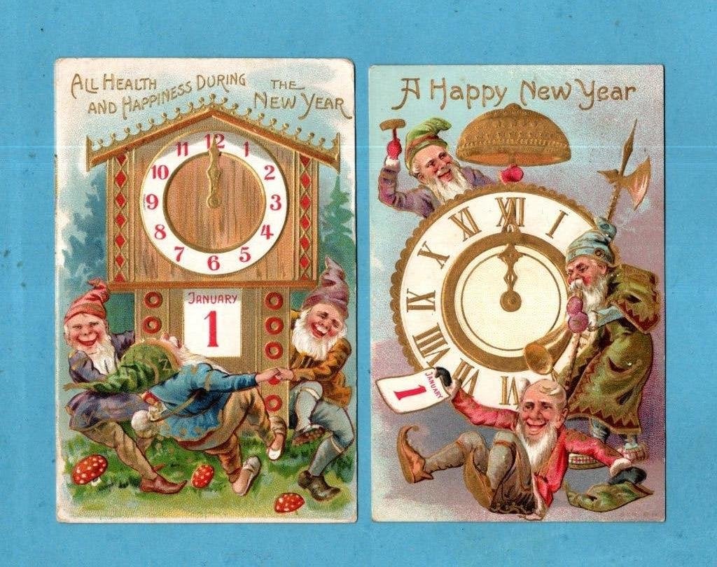 2x Antieke Nieuwjaarskaart met kabouters en klokken - W110, Verzamelen, Verzenden, Voor 1920, Gelopen, Feest(dag)