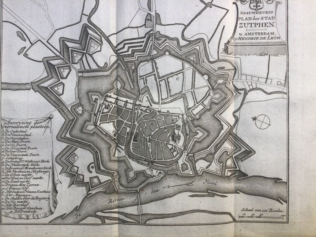 Zutphen, kopergravure, de Leth, 1740., Antiek en Kunst, Kunst | Etsen en Gravures, Cartografie, 21 cm, 1700 - 1799, Verzenden