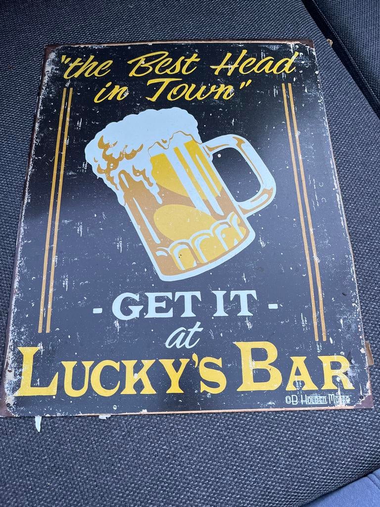 Vintage Lucky's Bar Reclamebord - "Best Head in Town", Ophalen of Verzenden, Gebruikt, Reclamebord