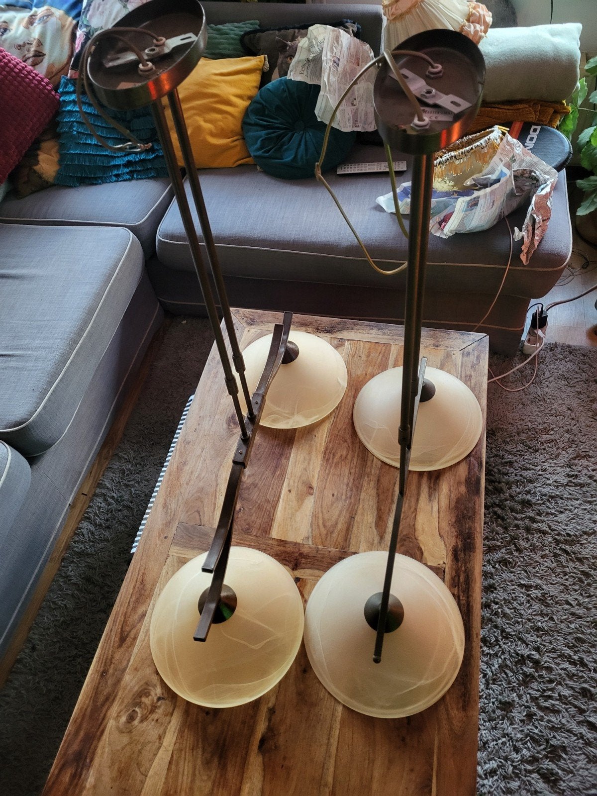 2 Master-Light Hanglampen | Brons & Albastglas Eettafellamp, Ophalen, Glas